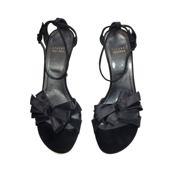 Stuart Weitzman Black Satin Sandal Heels w/ Bows - Picture 5 of 8